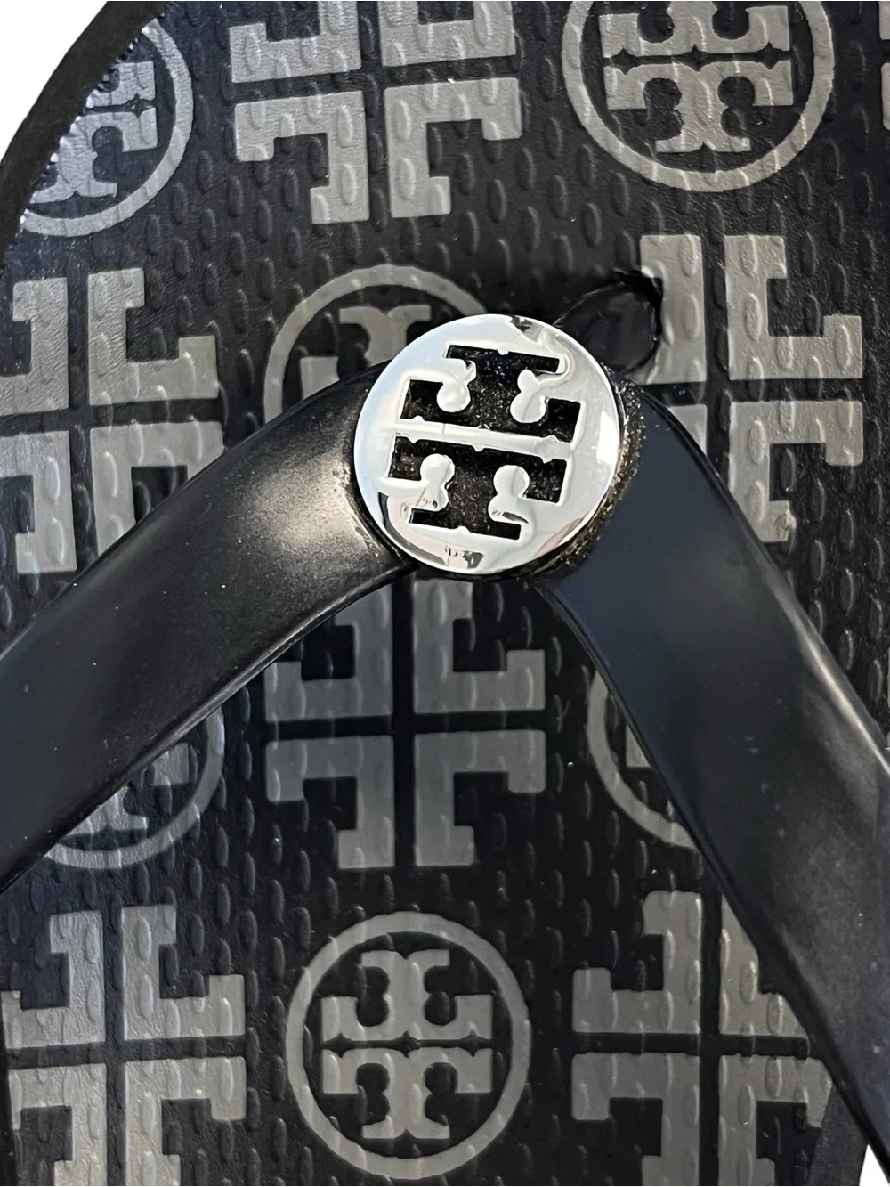 Tory Burch Black Gray Monogram Double T Medallion Thong Flip Flop
